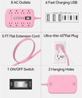 Pink 5 Foot Extension Cord With Surge Protector Six USB Ports Super Handy Three USB C Quick Charge Ports And Three USB A Smart Charging Tech Cute Kawaii Style For Home Office Desk Setup And TV Stand, 8 outlets