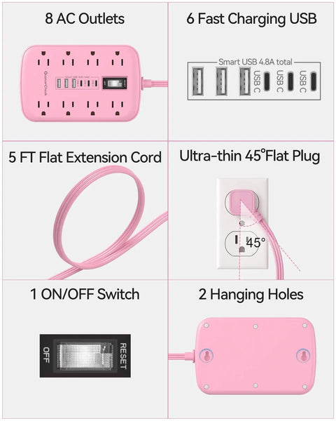 Pink 5 Foot Extension Cord With Surge Protector Six USB Ports Super Handy Three USB C Quick Charge Ports And Three USB A Smart Charging Tech Cute Kawaii Style For Home Office Desk Setup And TV Stand, 8 outlets