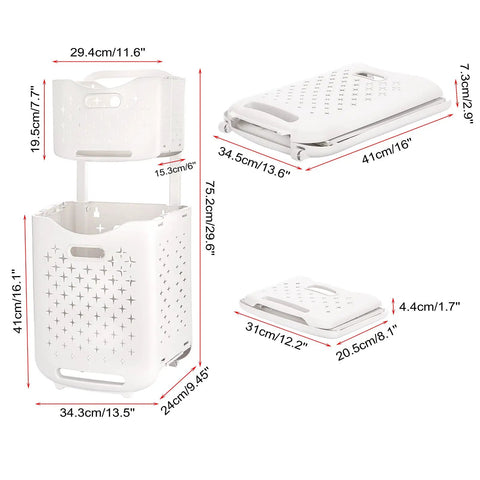 Collapsible Wall Hanging Laundry Baskets Space Saver Duo Set With Hidden Pull Rod, Large And Small Plastic Hamper, White