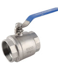 Built Tough 2 Inch Ball Valve 304 Stainless Steel Full Port Pipe Fitting For Commercial Plumbing with blue handle.