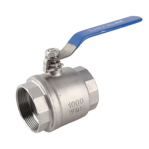 Built Tough 2 Inch Ball Valve 304 Stainless Steel Full Port Pipe Fitting For Commercial Plumbing with blue handle.