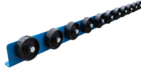 Heavy Duty Gravity Conveyor Rail System With Plastic Skate Wheels 5 Foot T2 Style Flow Rail For Pallets And Cartons.