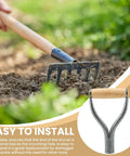 D Grip Shovel Handle Replacement with 32mm inner diameter metal core and wooden grip, showcased on a rake tool, silver finish