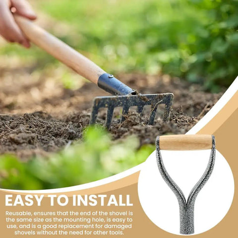 D Grip Shovel Handle Replacement with 32mm inner diameter metal core and wooden grip, showcased on a rake tool, silver finish