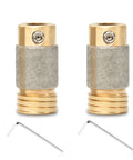 Two 5/8 in diamond drill bit heads with brass cores and gray grinding sleeves for stained glass grinders.