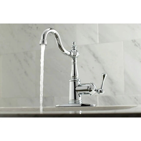 Old School Vintage Style Single Handle Lavatory Faucet With Push Pop Up Drain Plate Polished Chrome Solid Brass Construction Drip Free Ceramic Disc Cartridge Deck Mount One Hole Installation One Point Two GPM showing water flow
