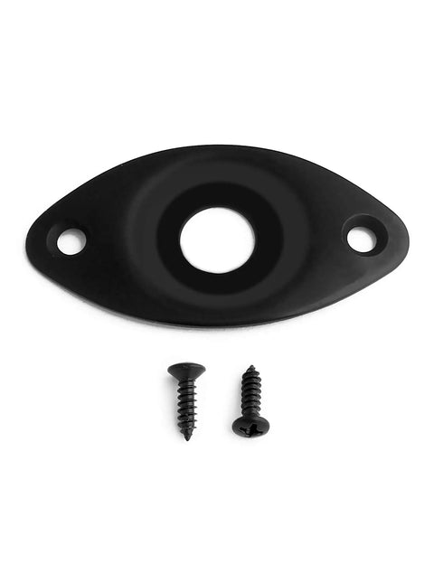Fresh Curved Oval Guitar Output Jack Socket Plate With Sleek Black Finish And Included Mounting Screws for Les Paul, 49.5mm x 26mm size.