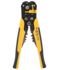 Pro Grade Automatic Self Adjusting Wire Stripper And Crimping Pliers featuring black and yellow rubber grips and precision cutting edges.