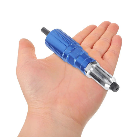 Hot Electric Rivet Gun Tool Kit With Aluminum Alloy Conversion Heads For Rapid Metal And Plastic Rivet Setting Plus Fast Auto Repair And Automotive Assembly Work Perfect For Your Shop Bench And DIY Garage Projects, blue hand tool in palm