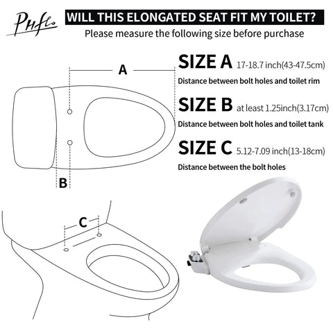 Diagram showing dimensions to fit Elongated Bidet Toilet Seat With Hot And Cold Water Non Electric Self Cleaning Dual Nozzles