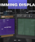 Dimming display of Pro Grade Auto Darkening Welding Helmet With Light Large 3.94 By 3.66 Inch View Four Arc Sensors True Color Optics 1 1 1 1 Wide Shade Range Four Five Nine Nine Thirteen Compatible With TIG MIG Stick Cut Cheater Lens Ready Durable Welder Mask showing UV/IR filter and sensors