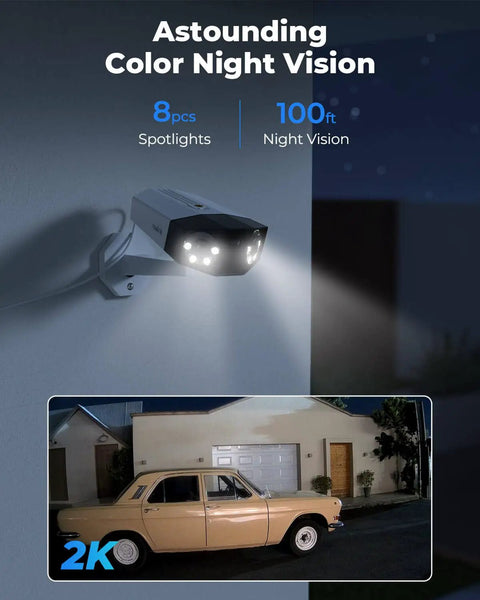 Outdoor Home PoE Security Camera System For Your Yard And Driveway With Dual Lens 150 Degree Field Of View 4MP And 2K Color Night Vision Smart Human And Vehicle Detection Two Way Talk showcasing 8 spotlights with 100ft night vision.