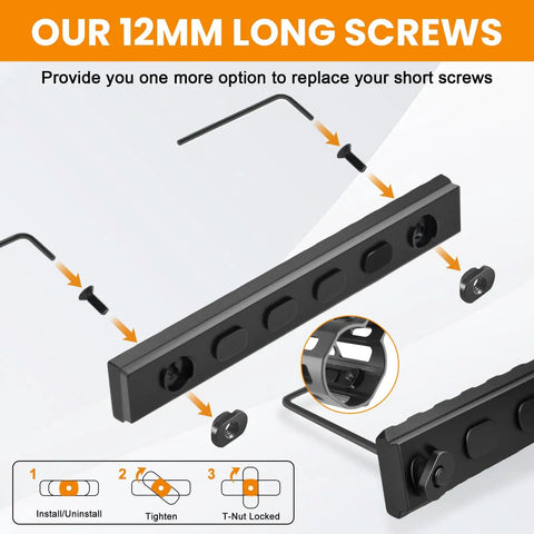 Slick 12 Piece T Nut And Screw Replacement Bundle For M Rail And M Loc Tactical Mounts with 12mm long screws and hex wrenches