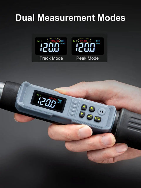 Close-up of Upgraded Digital Torque Wrench With Half Inch Drive For Auto Repair showing digital readout and dual measurement modes.