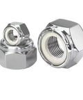 Close-up of 20 Pack Nylon Insert Lock Nuts 1/4-20 Stainless Steel Nylock Hex Nuts showing internal nylon insert