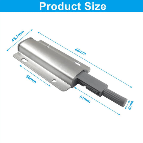 Product dimensions of 2 Pack Push To Open Aluminum Cabinet Latches for Cabinets, Drawers and Wardrobes No Knob Hidden Hardware.