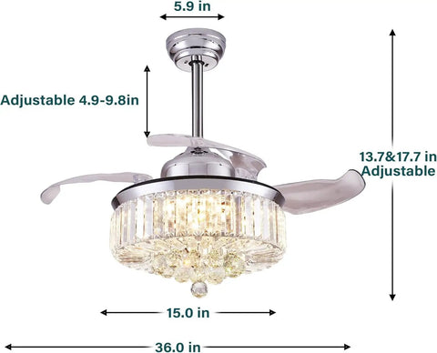 36 Inch Retractable Pendant Fandelier Ceiling Fan With Lights Remote Control, Crystal LED Chandelier Fan dimensions