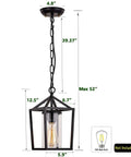 Outdoor Porch Pendant Light With Glass Shade, Vintage Metal Cage Lantern, dimensions and E26 socket shown