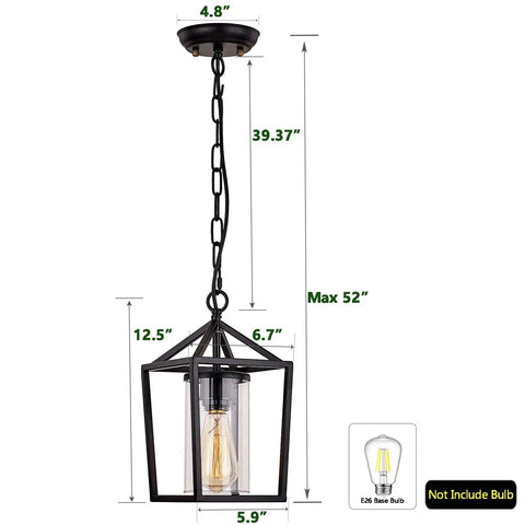 Outdoor Porch Pendant Light With Glass Shade, Vintage Metal Cage Lantern, dimensions and E26 socket shown