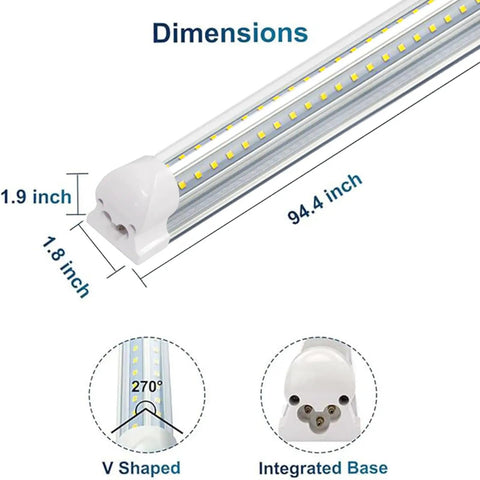 V Shaped 72W LED Shop Lights With 7200 Lumens Daylight White 6500K 8 Foot Integrated Fixture T8 Tube dimensions