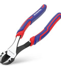 WORKPRO 8-inch high-leverage diagonal cutting pliers, angled front view, blue and red insulated handles, CR-V steel