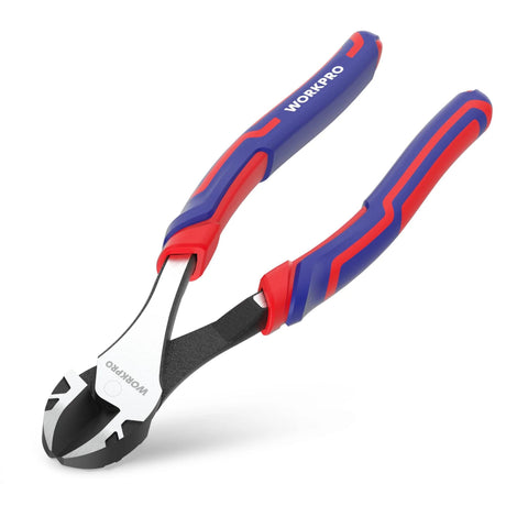 WORKPRO 8-inch high-leverage diagonal cutting pliers, angled front view, blue and red insulated handles, CR-V steel