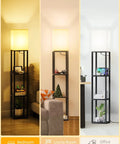 Three Tier Floor Lamp With Shelves For Living Room Black Finish With 11W LED Bulb And Dual USB Ports Plus A Power Outlet Perfect For Bedroom Or Lounge Slim Sturdy Shelving And Modern Lighting shown in bedroom, living room, and office settings