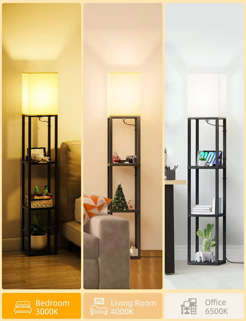 Three Tier Floor Lamp With Shelves For Living Room Black Finish With 11W LED Bulb And Dual USB Ports Plus A Power Outlet Perfect For Bedroom Or Lounge Slim Sturdy Shelving And Modern Lighting shown in bedroom, living room, and office settings