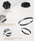 Two Ring Modern LED Chandelier In Black, Sleek Contemporary Ceiling Pendant Light For Staircase, Foyer, High Ceilings Or Living Room