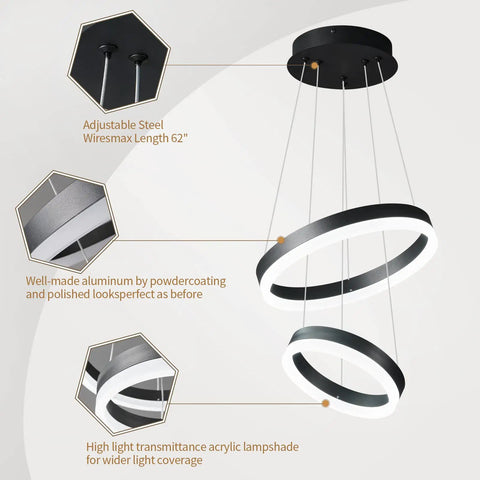 Two Ring Modern LED Chandelier In Black, Sleek Contemporary Ceiling Pendant Light For Staircase, Foyer, High Ceilings Or Living Room