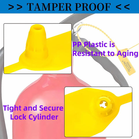 Close-up of numbered yellow PP plastic tamper seal on fire extinguisher, part of the 1000 Pack Plastic Tamper Seals For Fire Extinguishers And Safety Tags Security Seals With Numbered Zip Ties Disposable Self Locking Signage Must Have For Bags Cables Hospitals Banks And More 9.84 Inch Length