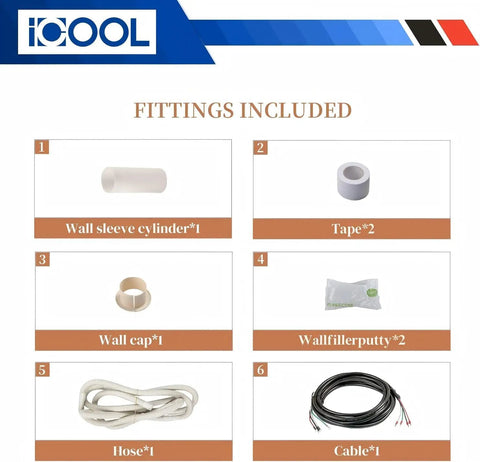 Components of 16 Ft Mini Split Line Set With Quarter Inch And Three Eighth Inch Copper Tubing, including wall sleeve, tape, and hose.