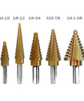 Beefy Six Piece Countersink Step Drill Bit Set With Automatic Center Punch HSS Cobalt Titanium Drill Bits with size markings