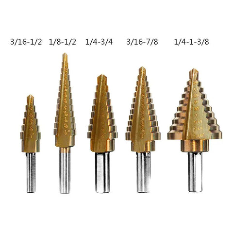 Beefy Six Piece Countersink Step Drill Bit Set With Automatic Center Punch HSS Cobalt Titanium Drill Bits with size markings