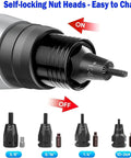 Cordless Electric Rivet Nut Gun With 26V Portable Battery showing self-locking nut heads, easy to change for M3 to M12.