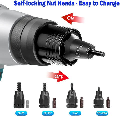 Cordless Electric Rivet Nut Gun With 26V Portable Battery showing self-locking nut heads, easy to change for M3 to M12.