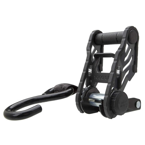 Close-up of a ratchet mechanism from the Orange 10 Foot Tactical Ratchet Tie Down Straps Two Pack With 1000 Pound Safe Working Load
