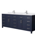 Slick 84 Inch Double Bathroom Vanity In Dark Blue With White Cultured Marble Countertop And Undermount Square Sinks Finished With Brushed Nickel Trim.