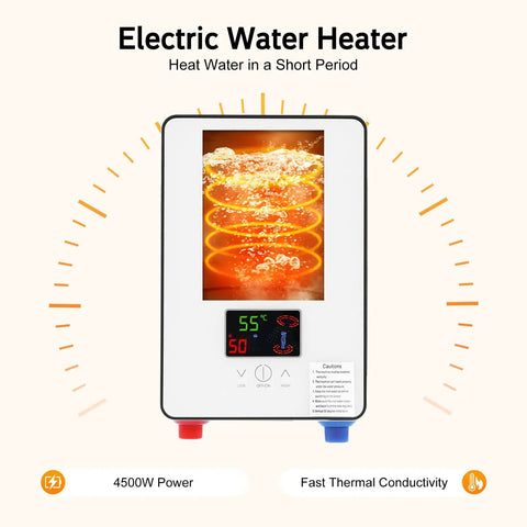 Space Saving Electric Tankless Water Heater With 4500 Watt Element serving instant hot water with LED display and water temperature.