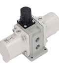 Pneumatic Booster Valve That Doubles Your Air Pressure No Power Needed For Factory Lines 2x Supercharging Ratio Boosts Pneumatic Output From Your Existing Air Supply Compatible Component, beige and black valve close-up.