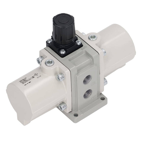 Pneumatic Booster Valve That Doubles Your Air Pressure No Power Needed For Factory Lines 2x Supercharging Ratio Boosts Pneumatic Output From Your Existing Air Supply Compatible Component, beige and black valve close-up.