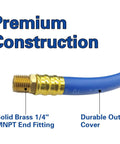 No BS 3 8 Inch Air Compressor Hose 50 Feet Long With Flexible Hybrid Rubber Build For Kicking Out Oil And Abrasion Issues Plus Being Weather Proof For Outside Use And Brass 1 4 MNPT Connectors Attaching To Any Tool You Got For Gritty Work solid brass fitting and durable blue outer cover