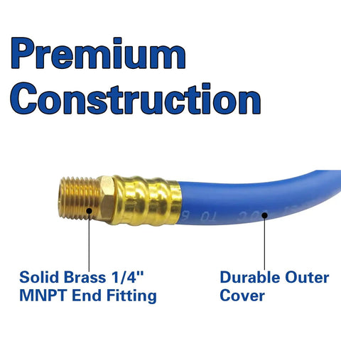 No BS 3 8 Inch Air Compressor Hose 50 Feet Long With Flexible Hybrid Rubber Build For Kicking Out Oil And Abrasion Issues Plus Being Weather Proof For Outside Use And Brass 1 4 MNPT Connectors Attaching To Any Tool You Got For Gritty Work solid brass fitting and durable blue outer cover