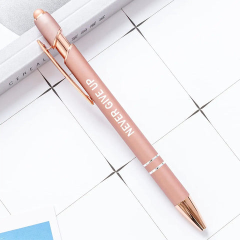 Set Of 12 Rose Gold Motivational Quote Pens With Screen Touch Stylus Snarky Office Scripture Ballpoint Pens In Black Ink Cheerful Yet Pro Level Writing Tools For Work Study Creativity And Daily Encouragement displayed on tile surface