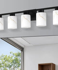 Five Light Modern Vanity Light Fixture In Black Metal With White Marble Glass E26 Base Sleek Minimalist Bathroom Vanity Wall Lamp