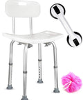 Adjustable Bath And Shower Chair With Back Support For Seniors Safe Bath Tub Stool Anti Slip Wide Seat Durable Build With Easy Grippy Handles And Real Backrest Includes Free Suction Grab Bar For Stability, shown with grab bar and pink loofah