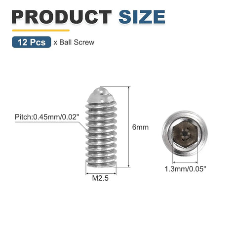 Silver Ball Point Set Screws M2.5x6mm In 304 Stainless Steel dimensions diagram, showing hex socket, pitch 0.45mm, pack of 12
