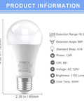 Radar Motion Sensor Outdoor LED Bulbs 12W 100W Equivalent A19 Daylight Easy Install Motion Detector For Outside Porch Garage E26 Base 2 Pack, A19 bulb size shown