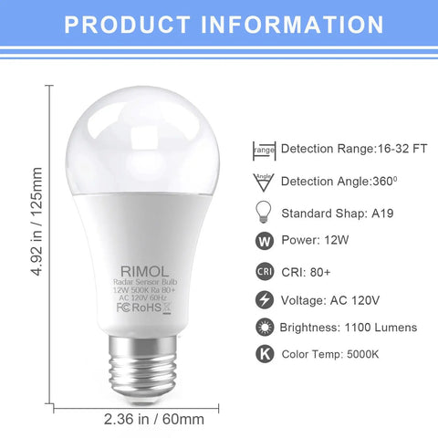 Radar Motion Sensor Outdoor LED Bulbs 12W 100W Equivalent A19 Daylight Easy Install Motion Detector For Outside Porch Garage E26 Base 2 Pack, A19 bulb size shown