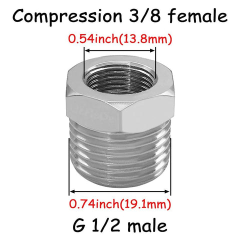 Front view of brass nickel-plated compression fitting, 1/2 in male to 3/8 in female reducer for faucet supply lines